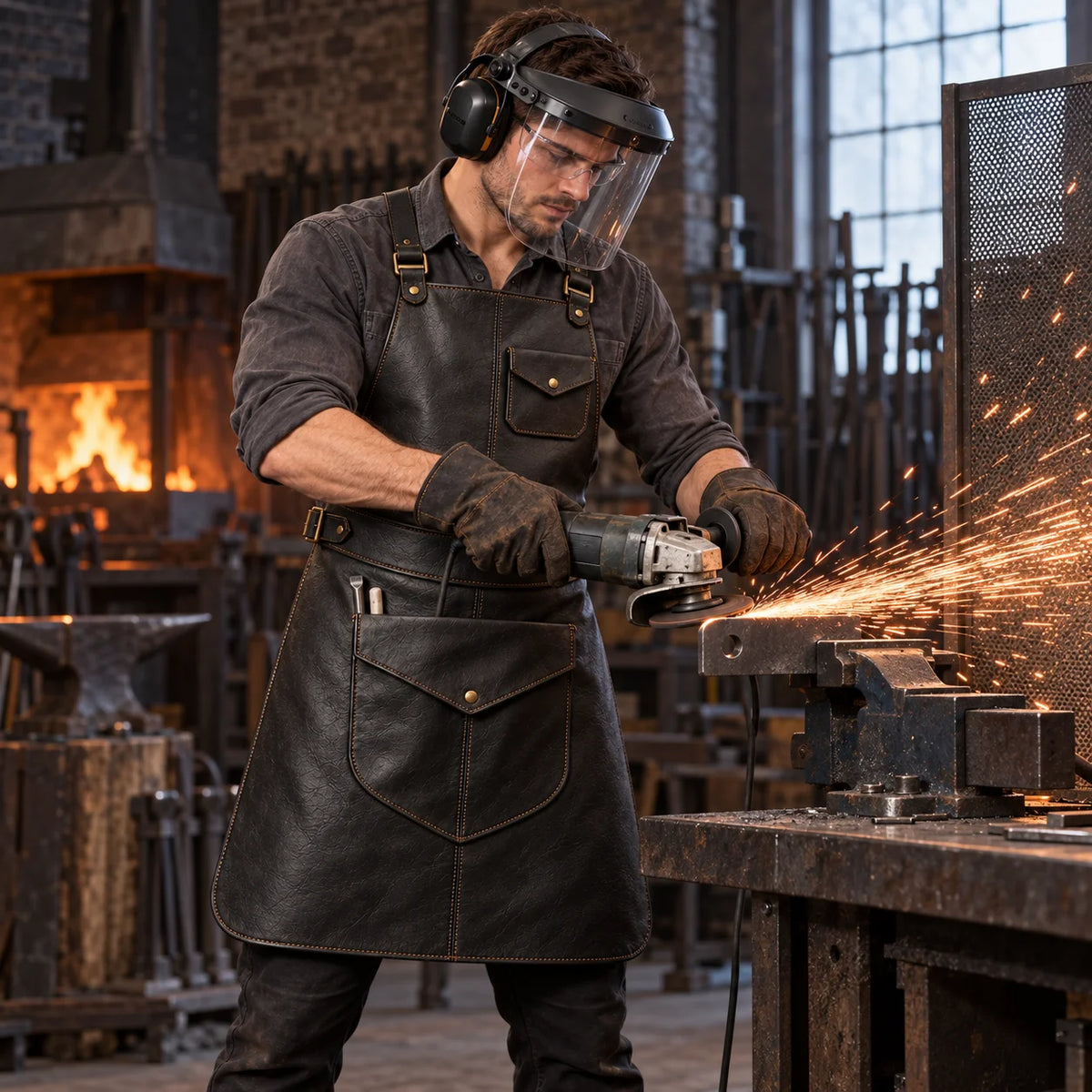 Metalworker wearing black cowhide leather apron, gloves and face shield while using an angle grinder in a blacksmith workshop.
