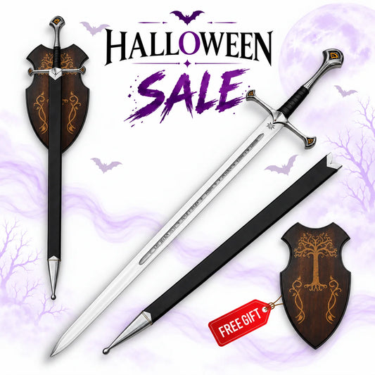 Aragorn Anduril sword replica from Lord of the Rings with engraved silver blade, black wrapped grip, black scabbard and wooden Tree of Gondor display plaque.