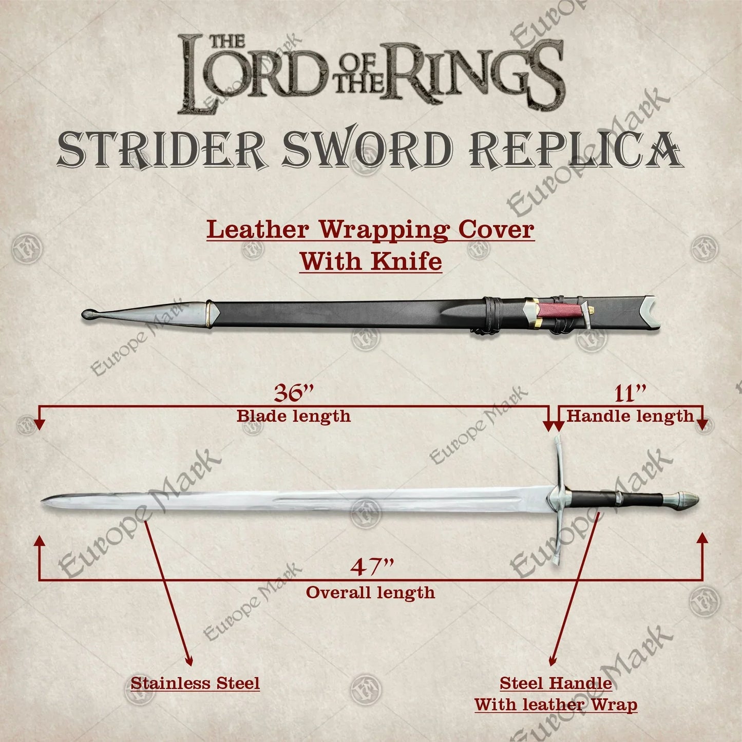 Aragorn Ranger Sword Replica with wooden scabbard, detailed hilt, and certificate of authenticity, perfect for collectors and LOTR fans.