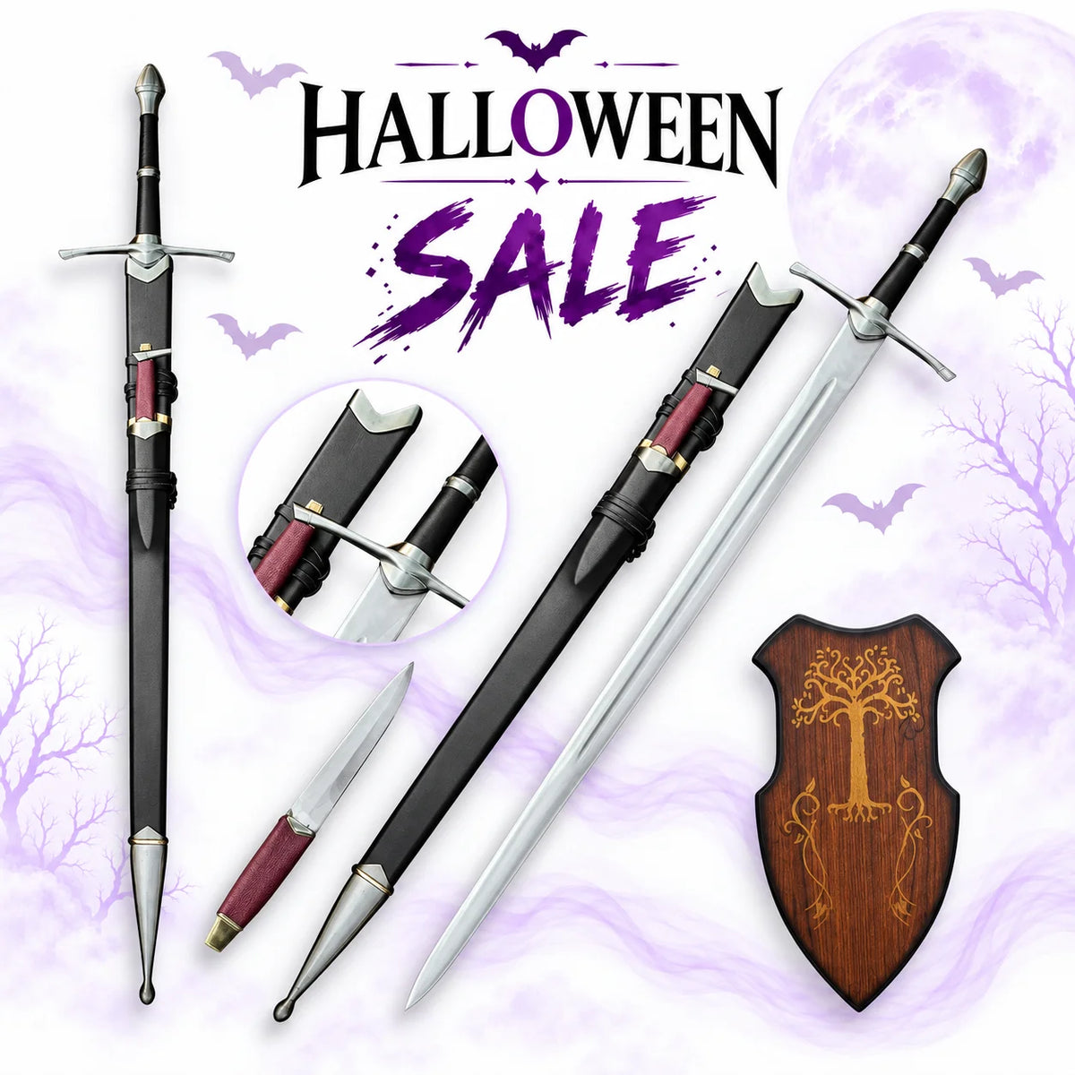 Aragorn Strider Ranger sword replica from Lord of the Rings with polished silver blade, black handle, matching scabbard, ranger dagger and wooden display plaque.