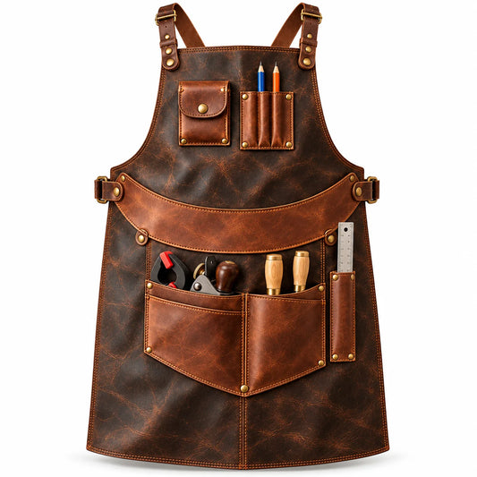 Front view of walnut brown cowhide woodworking apron with cognac leather tool pockets, chest holders and brass-tone hardware.
