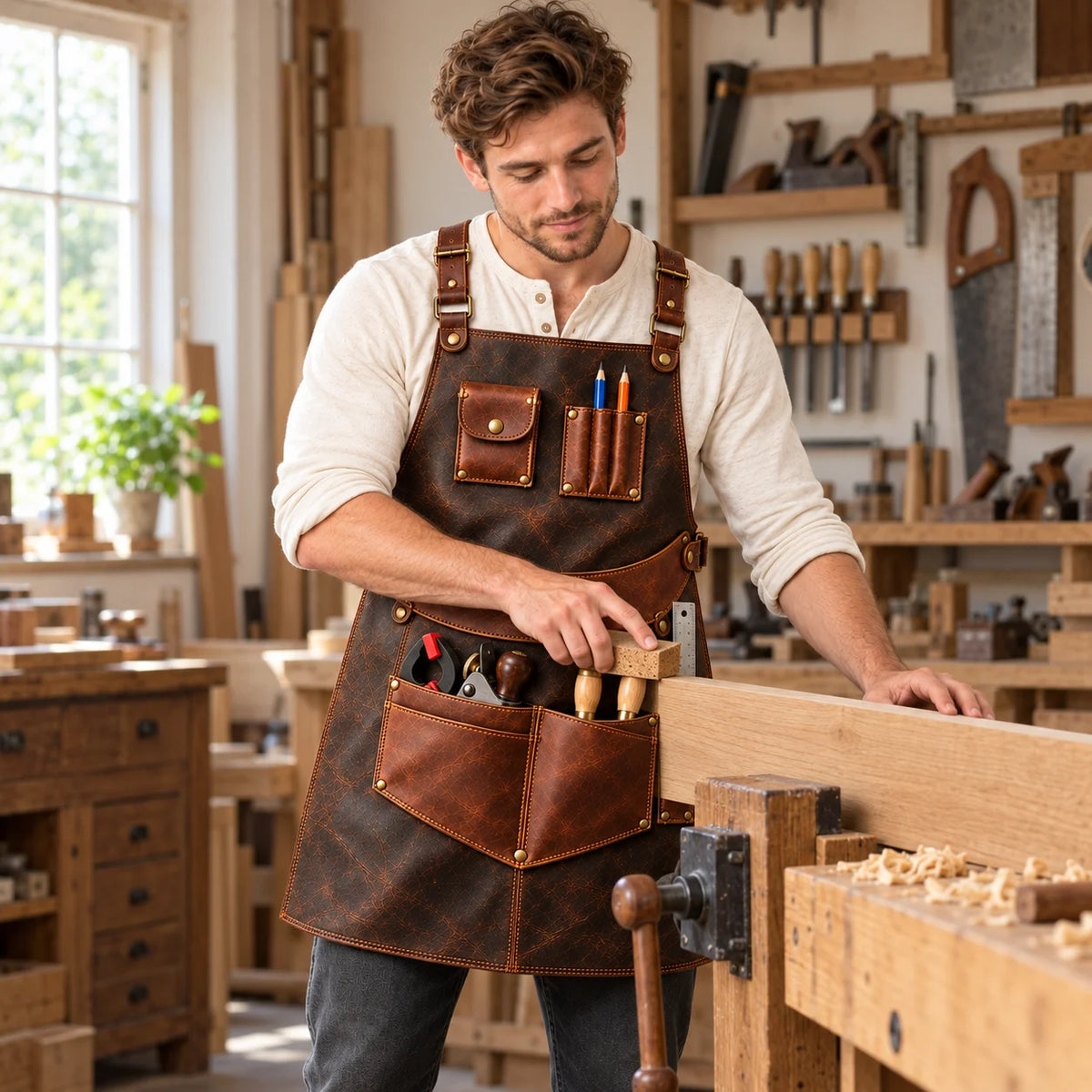Male woodworker wearing a walnut brown cowhide leather apron while sanding a timber workpiece at a traditional workbench.