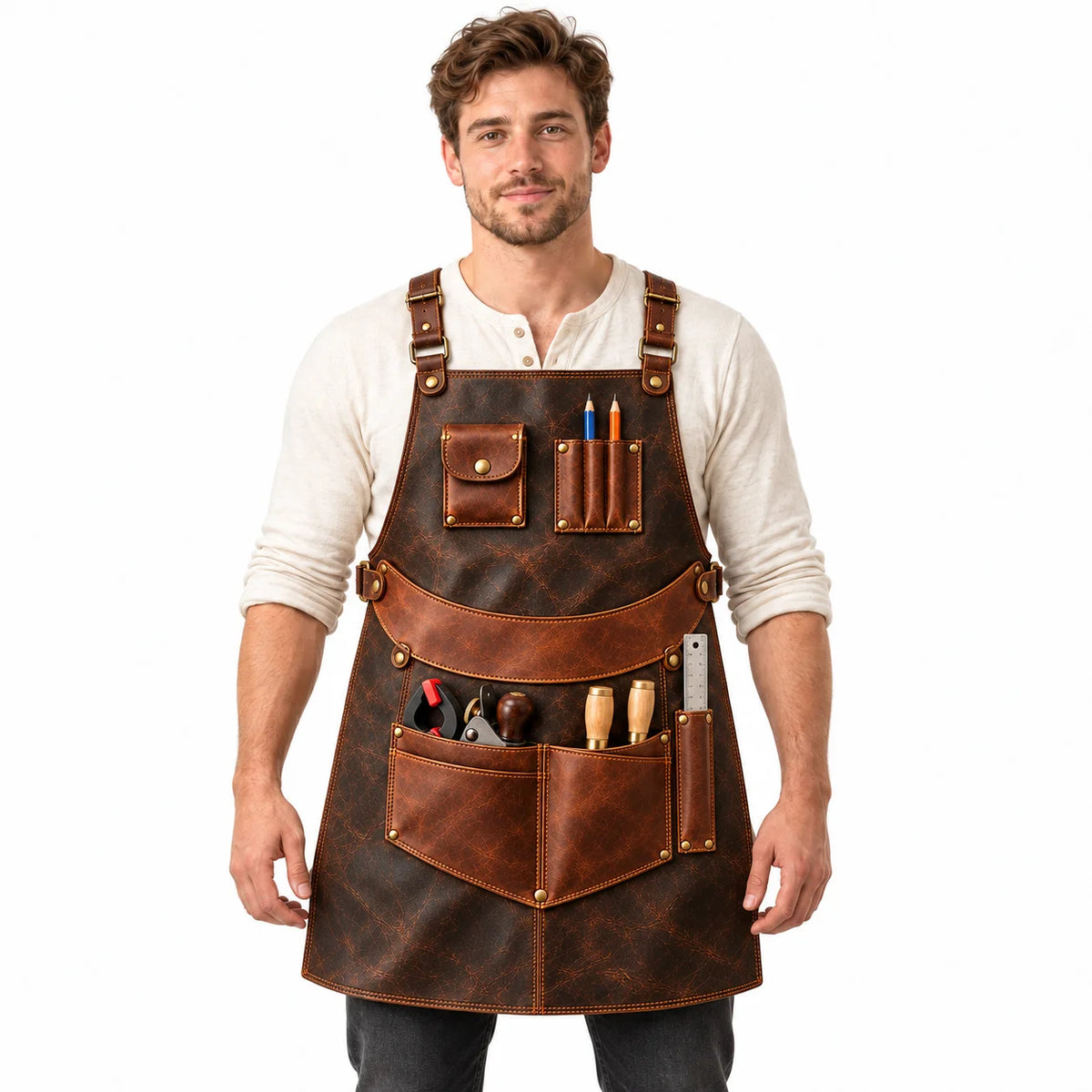 Front-facing male model wearing the Bench Grid leather woodworking apron with cognac utility pockets against a white background.