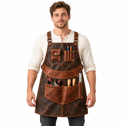 Front-facing male model wearing the Bench Grid leather woodworking apron with cognac utility pockets against a white background.