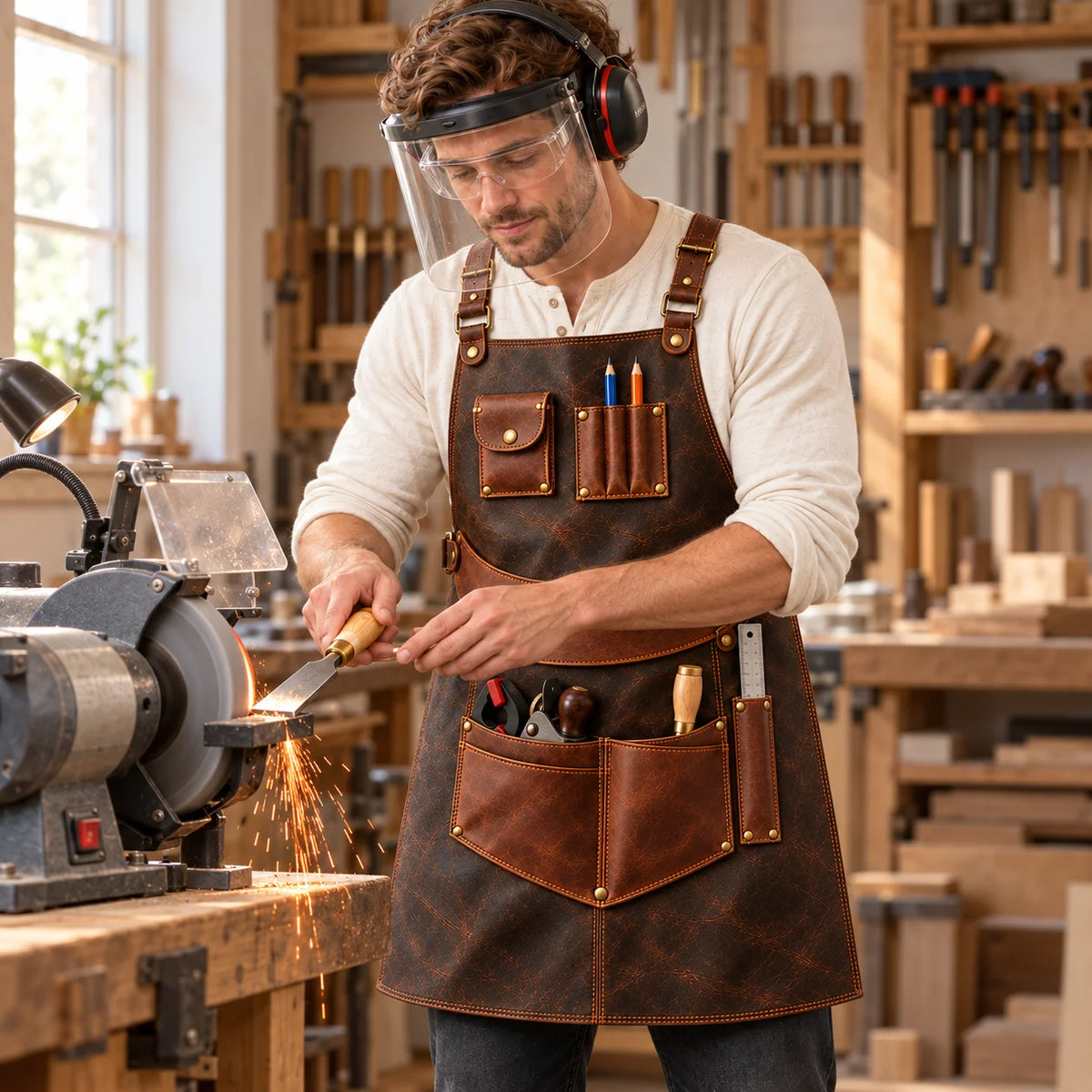 Woodworker in a walnut brown leather apron, face shield and hearing protection working beside a bench grinder in a woodshop.
