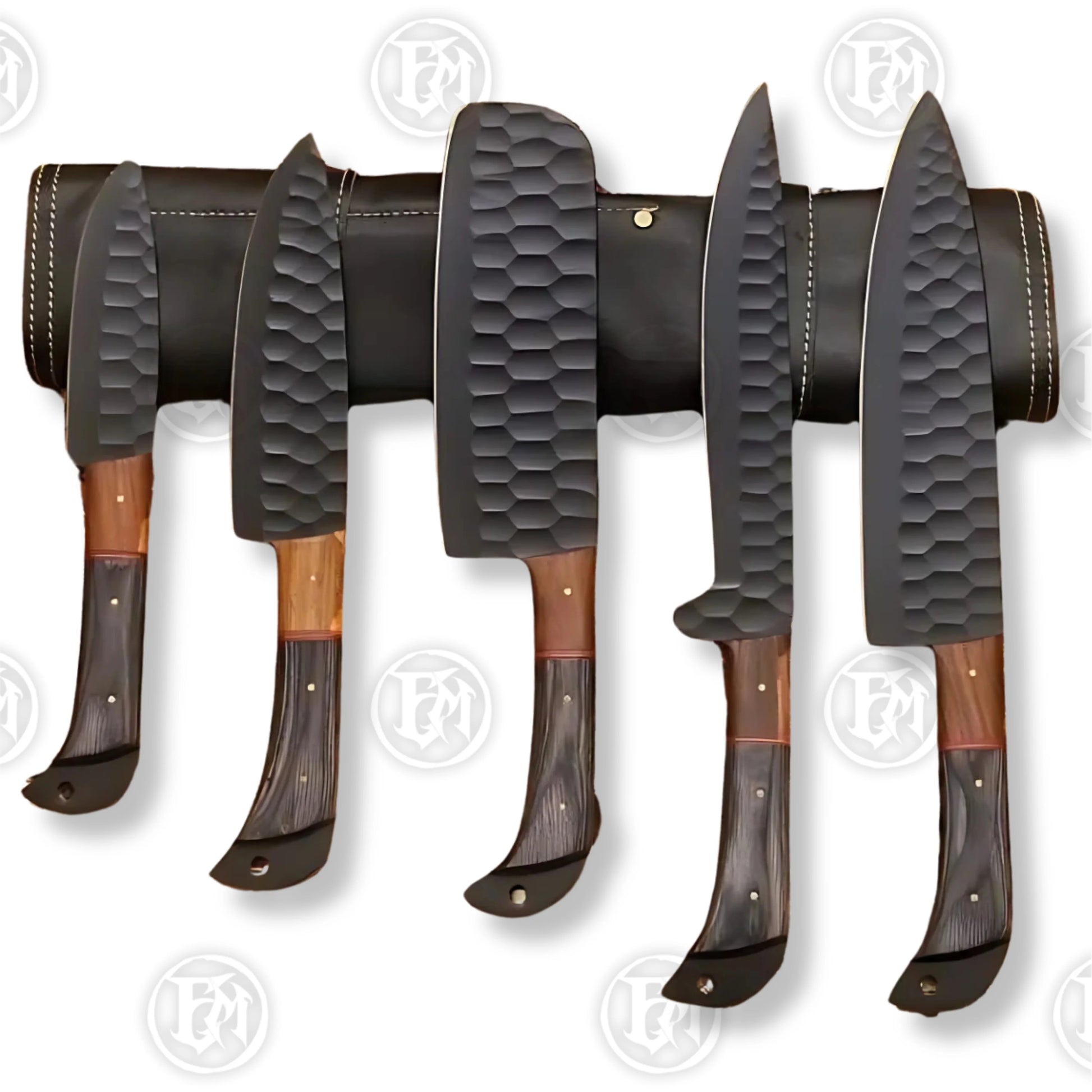 Premium Black Damascus Chef Knife Set with Oak Block and Leather Roll