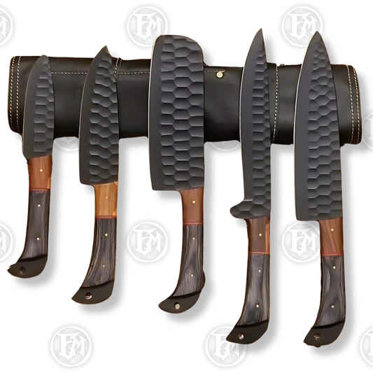 Premium Black Damascus Chef Knife Set with Oak Block and Leather Roll