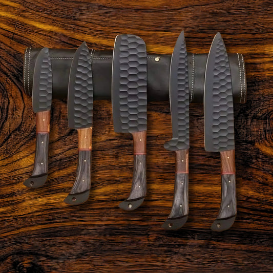 Premium Black Damascus Chef Knife Set with Oak Block and Leather Roll