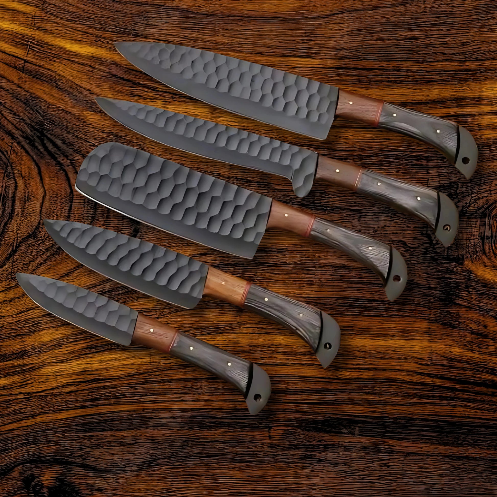 Premium Black Damascus Chef Knife Set with Oak Block and Leather Roll