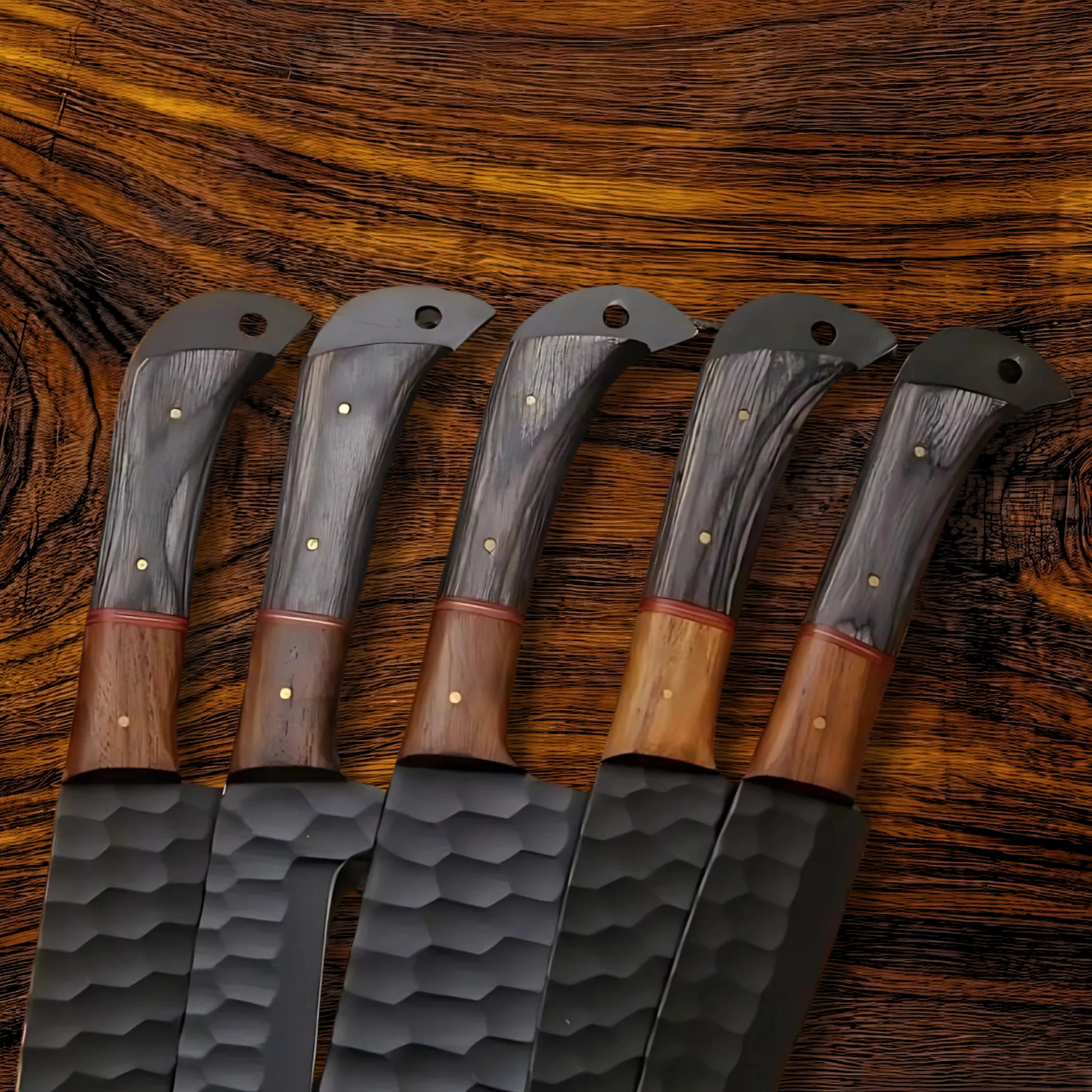 Premium Black Damascus Chef Knife Set with Oak Block and Leather Roll
