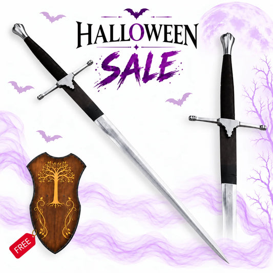 Braveheart Wallace replica sword with black grip, silver crossguard and free wooden display shield, featured in Europe Mark's Halloween sale.