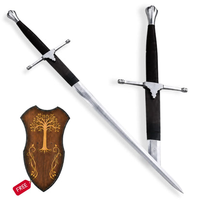 Braveheart William Wallace Sword Prop with long silver blade, dark wrapped handle and free decorative wall plaque on white background