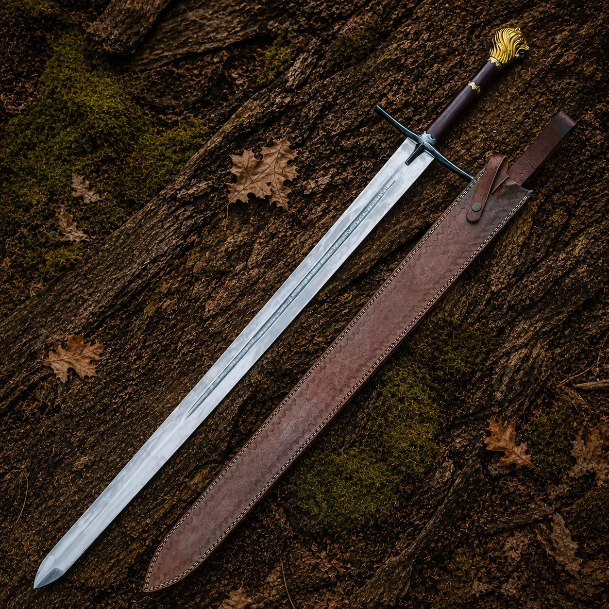 Chronicles of Narnia Rhindon Sword with brown leather sheath arranged on woodland bark with moss and dry leaves