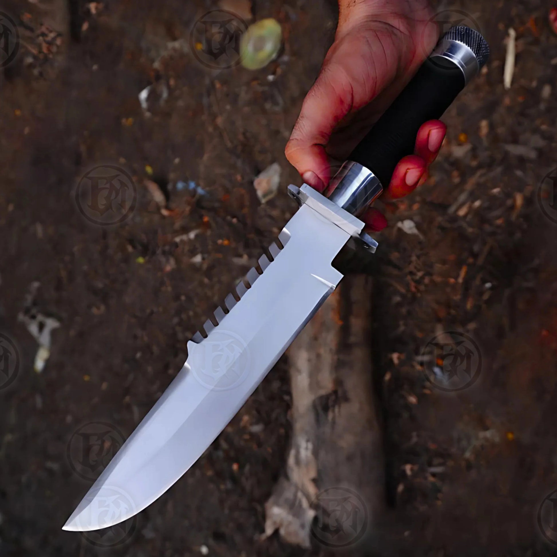 Premium Commando Movie Bowie Knife Replica with Walnut Stand