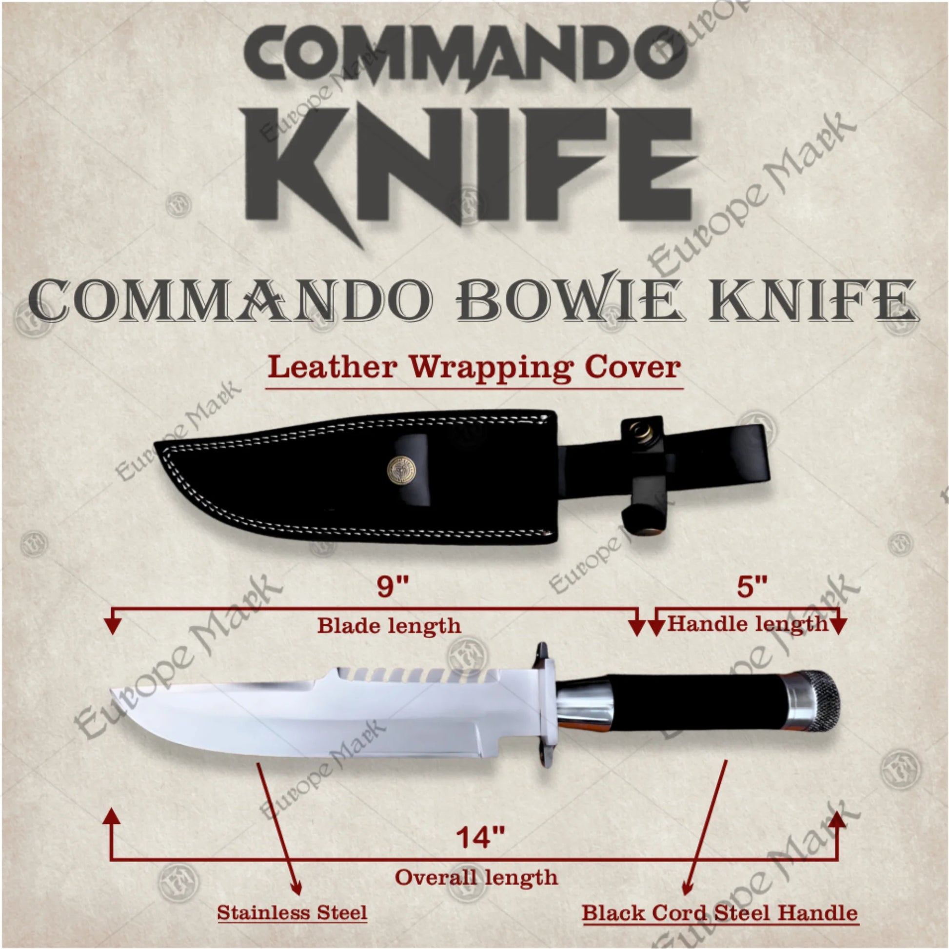 Premium Commando Movie Bowie Knife Replica with Walnut Stand