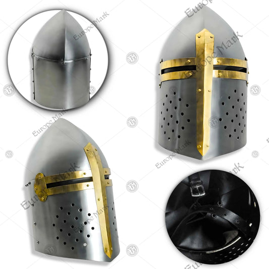 Premium Crusader Holy Valor Helmet Replica with Oak Stand