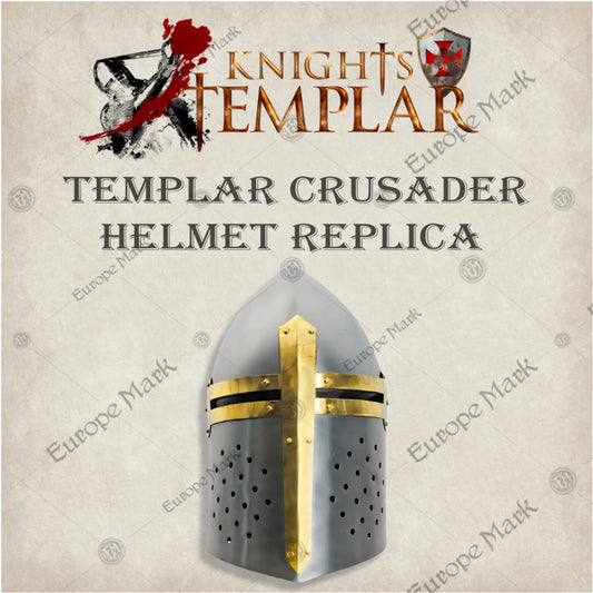 Premium Crusader Holy Valor Helmet Replica with Oak Stand