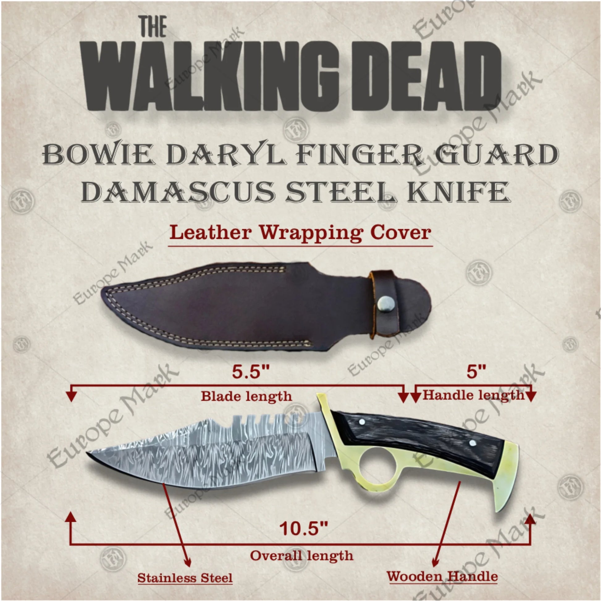 Premium Daryl Dixon Damascus Bowie Knife Replica with Rosewood Stand