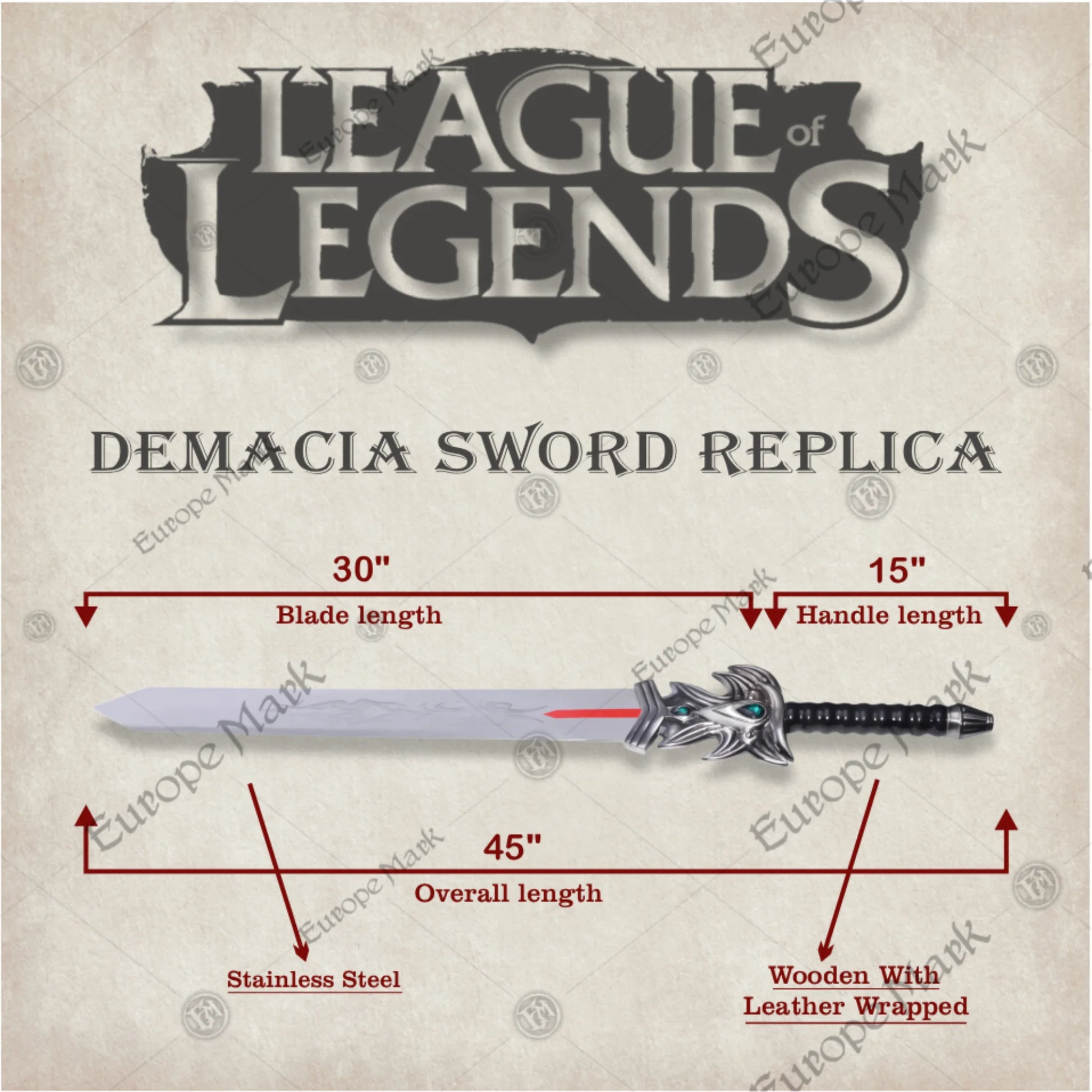 Premium Demacia League of Legends Sword Replica with stainless steel blade.