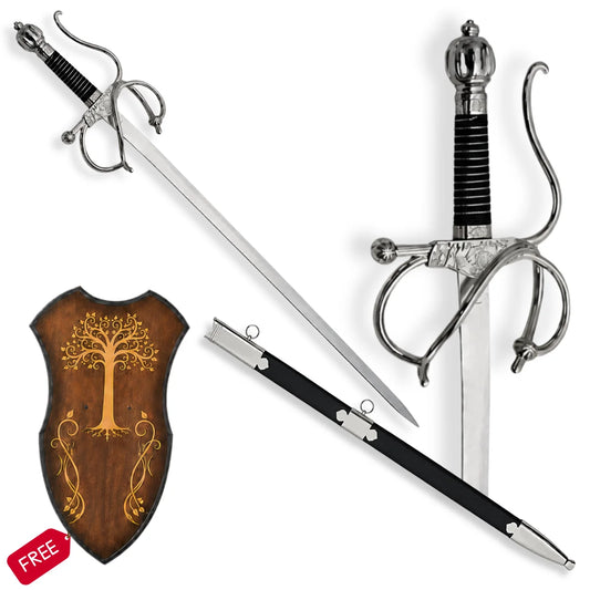 El Cid Rapier Sword with black scabbard, ornate silver guard and free decorative wall plaque on white background