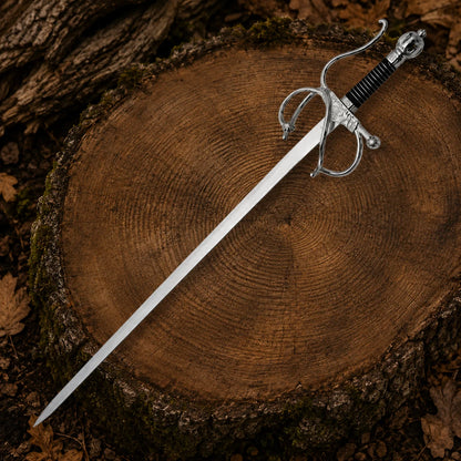El Cid Rapier Sword stored inside its black scabbard with silver fittings and ornate swept-hilt handle on a tree stump