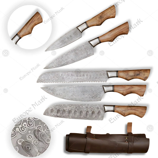 Premium Ergonomic Damascus Chef Knife Set with Oak Block