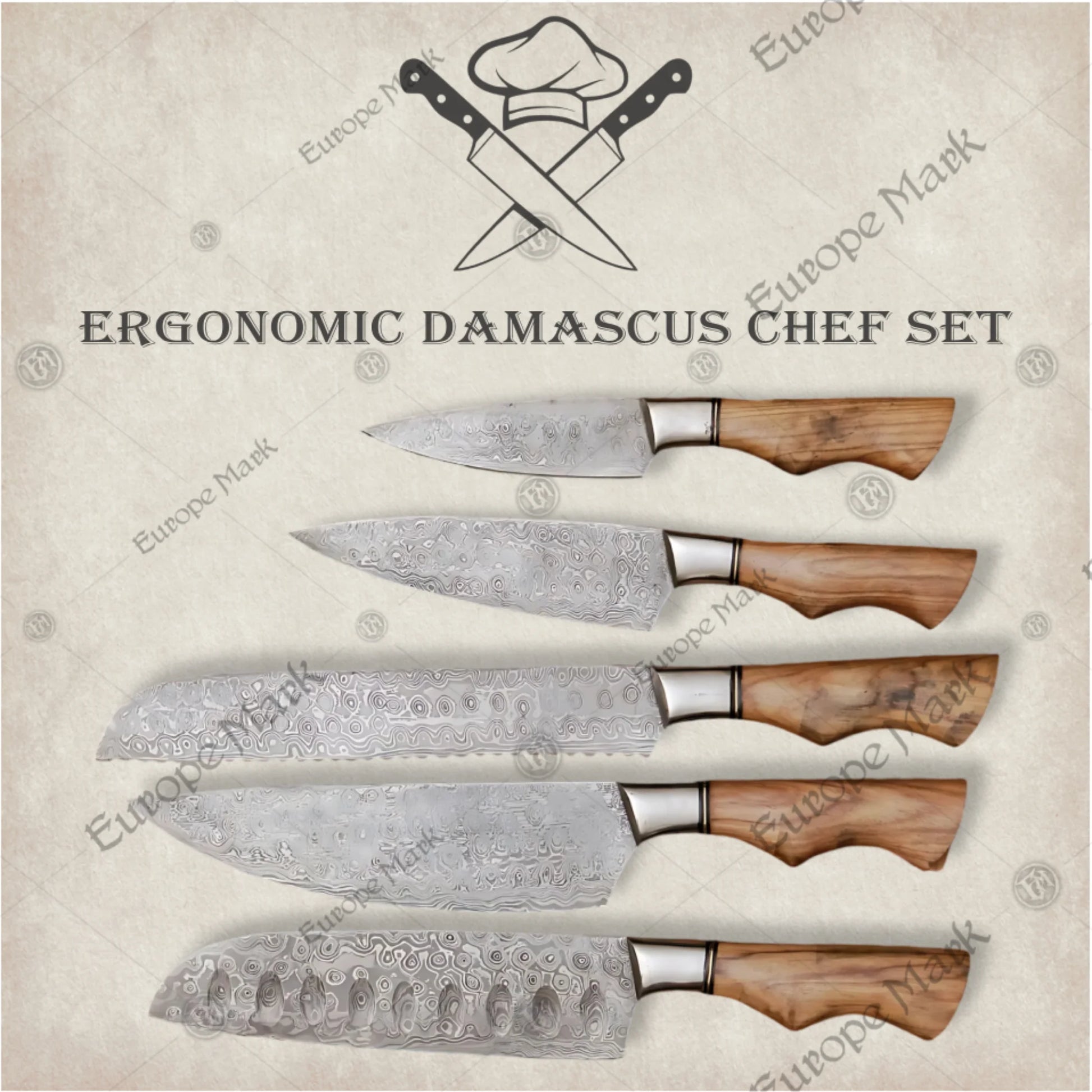Premium Ergonomic Damascus Chef Knife Set with Oak Block