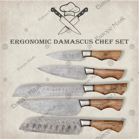 Premium Ergonomic Damascus Chef Knife Set with Oak Block