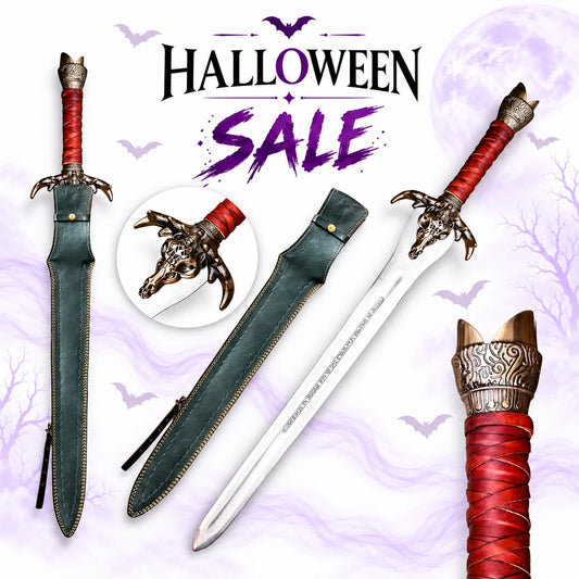 Conan the Barbarian Father's Sword replica with red wrapped handle, ornate bronze animal-head guard, engraved silver blade and dark leather sheath in Halloween sale.