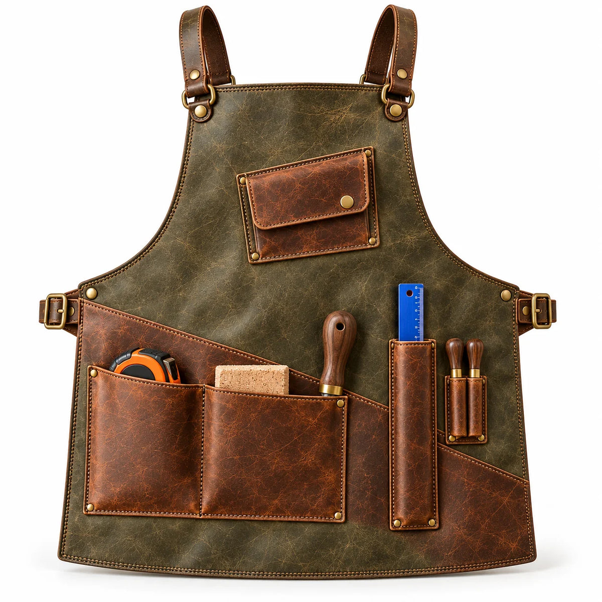 Front view of sage olive cowhide leather woodworking apron with distressed brown utility pockets, angled chest pouch and tool holders.