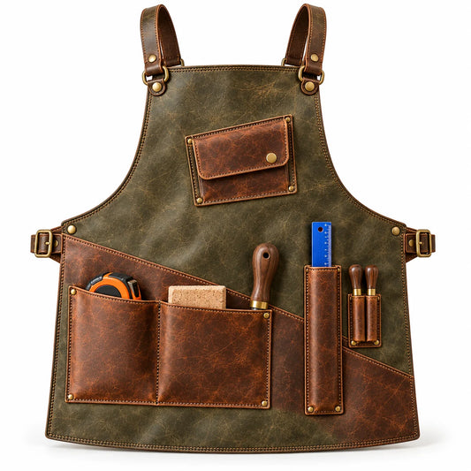 Front view of sage olive cowhide leather woodworking apron with distressed brown utility pockets, angled chest pouch and tool holders.