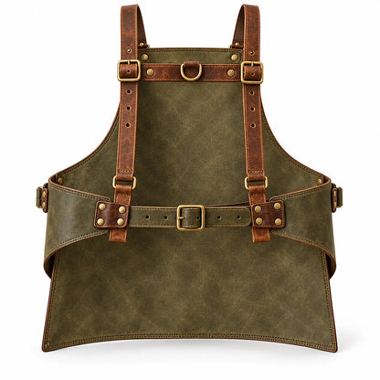 Rear view of Field Joiner leather apron showing straight adjustable shoulder straps, upper connecting band, D-ring and buckled waist belt.