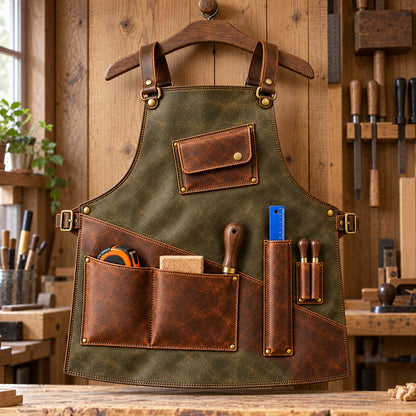Sage olive leather carpenter apron hanging in a wooden workshop with brown front tool pockets, ruler sleeve and brass-tone fittings.