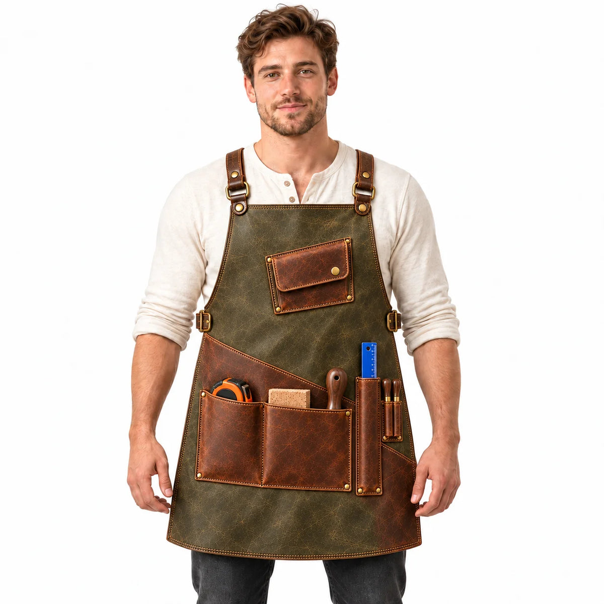 Front-facing male model wearing the Field Joiner cowhide apron with sage olive body and brown leather tool pockets on white.