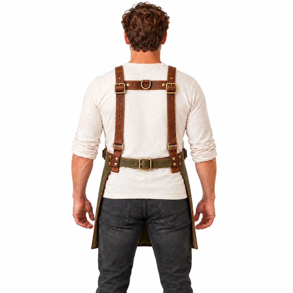 Back view of male model displaying the straight shoulder straps, horizontal rear connector and adjustable olive waist belt.