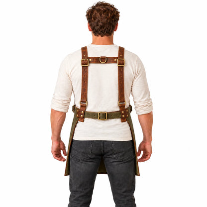 Back view of male model displaying the straight shoulder straps, horizontal rear connector and adjustable olive waist belt.