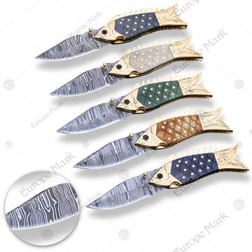 Premium Fish-Shaped Damascus Folding Knife Set with Walnut Stand