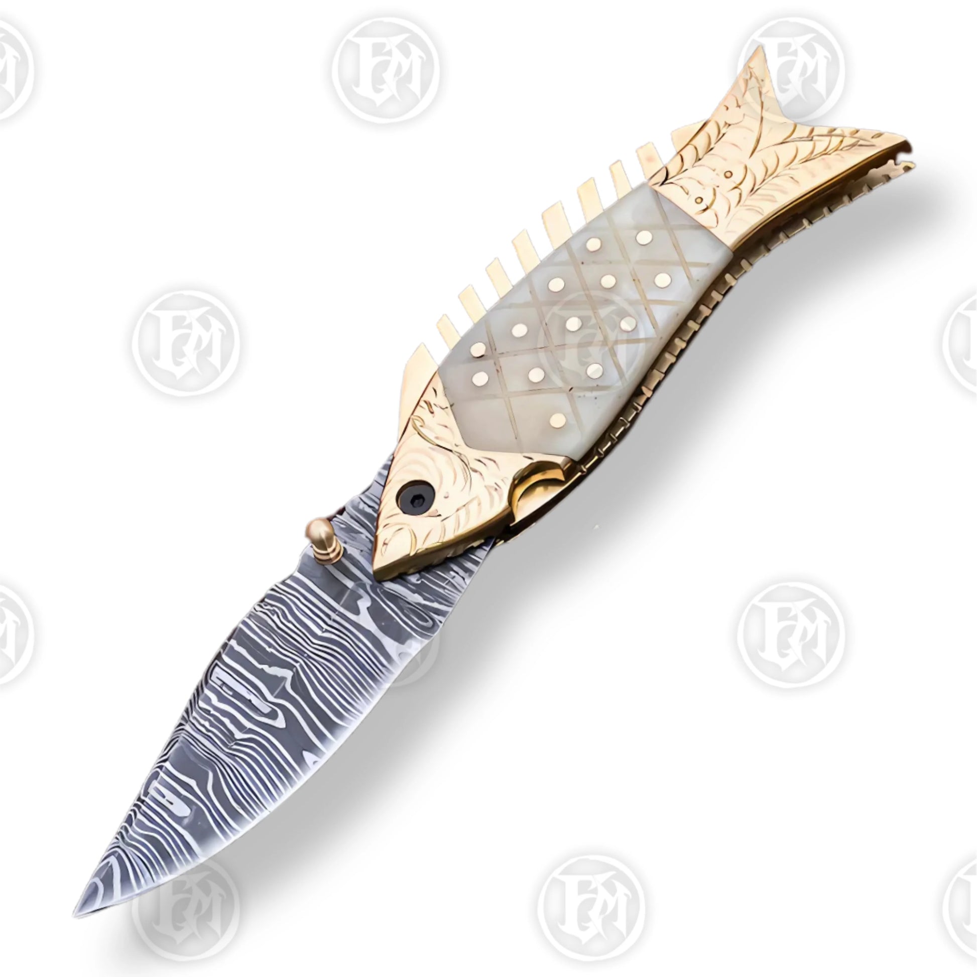 Premium Fish-Shaped Damascus Folding Knife Set with Walnut Stand