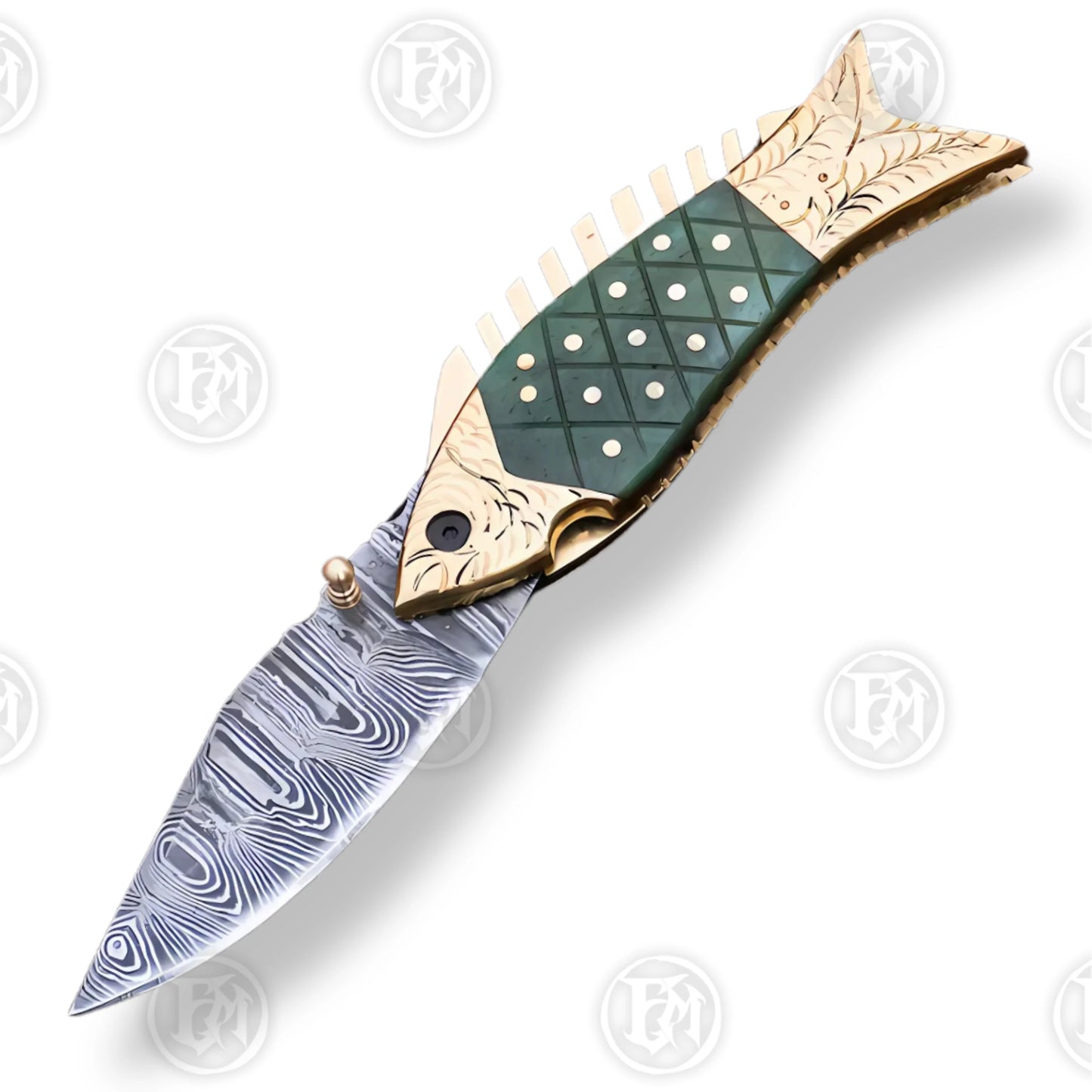 Premium Fish-Shaped Damascus Folding Knife Set with Walnut Stand