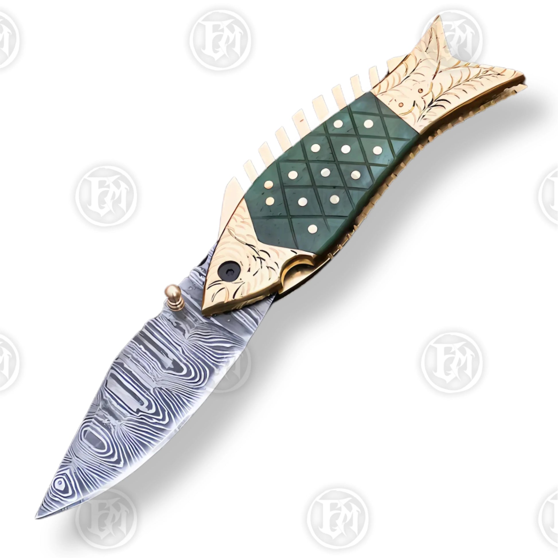 Premium Fish-Shaped Damascus Folding Knife Set with Walnut Stand