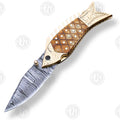 Premium Fish-Shaped Damascus Folding Knife Set with Walnut Stand