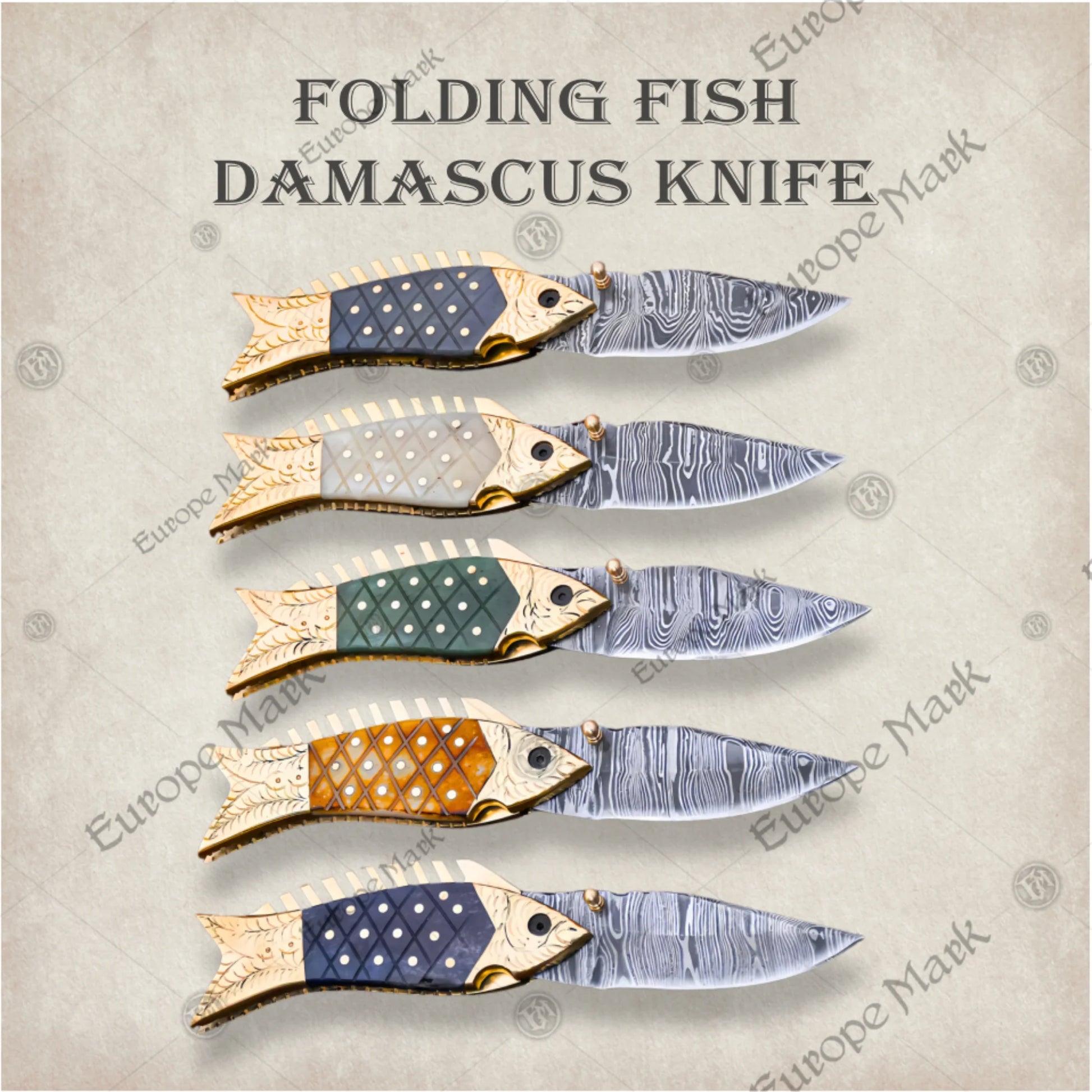 Premium Fish-Shaped Damascus Folding Knife Set with Walnut Stand