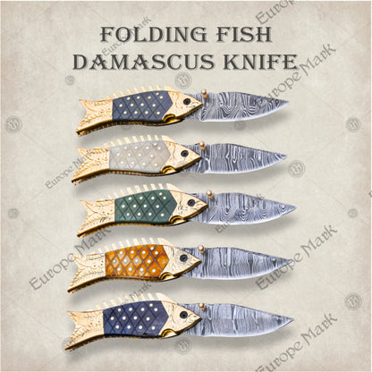 Premium Fish-Shaped Damascus Folding Knife Set with Walnut Stand
