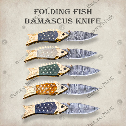 Premium Fish-Shaped Damascus Folding Knife Set with Walnut Stand
