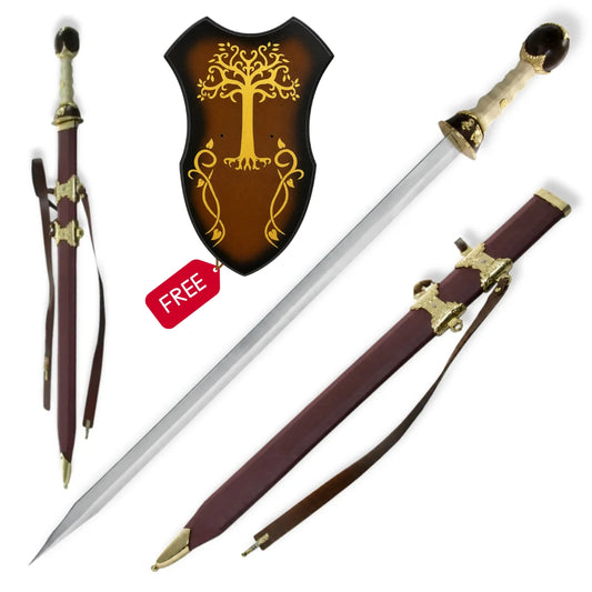 Gladiator Maximus gold finish sword replica set with stainless steel blade, burgundy scabbard, carrying straps and free wall display plaque