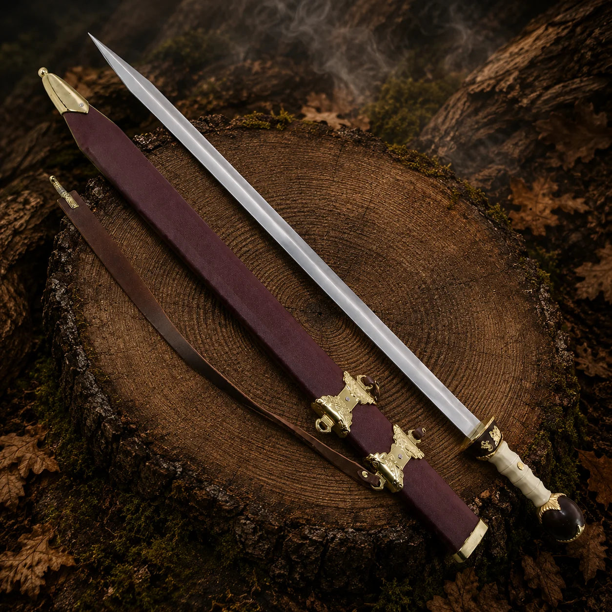 Gladiator Maximus gold finish sword and burgundy scabbard displayed on a tree stump with decorative gold hardware and carrying straps