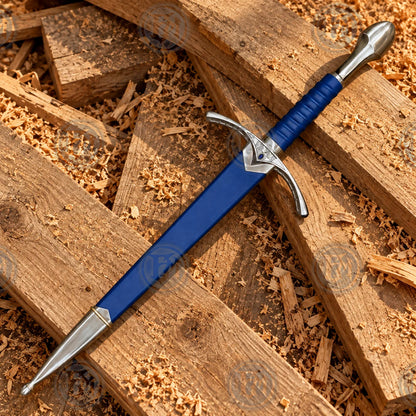 Glamdring Gandalf sword fully sheathed in blue scabbard with curved silver guard and blue grip visible