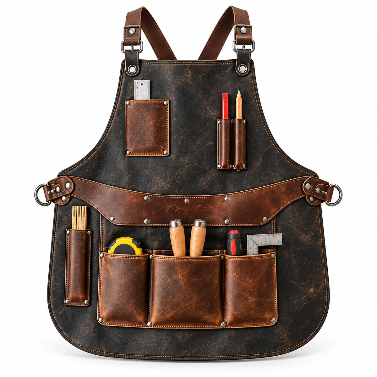 Front view of graphite charcoal cowhide woodworking apron with brown tool pockets, adjustable straps and woodworking tools.