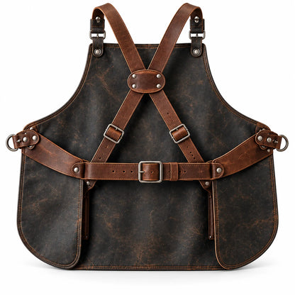 Rear view of charcoal cowhide leather workshop apron showing brown cross-back shoulder straps, adjustable buckles and waist belt.