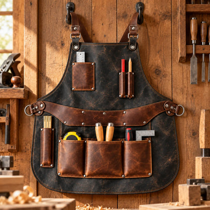 Graphite charcoal and brown leather woodworking apron hanging on a timber workshop wall with front tool pockets and straps visible.